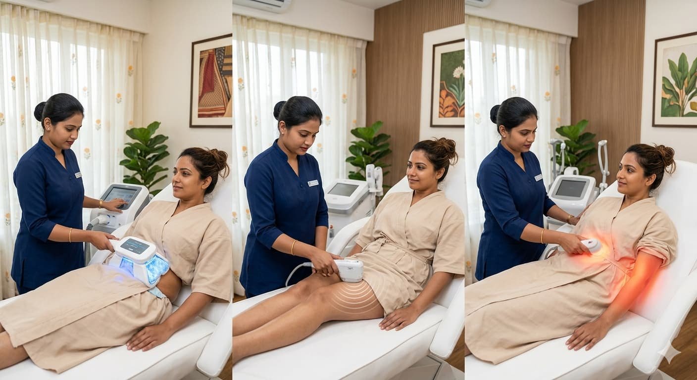 Three-panel collage showing an Indian technician performing cryolipolysis, HIFU, and RF body treatments on a patient.