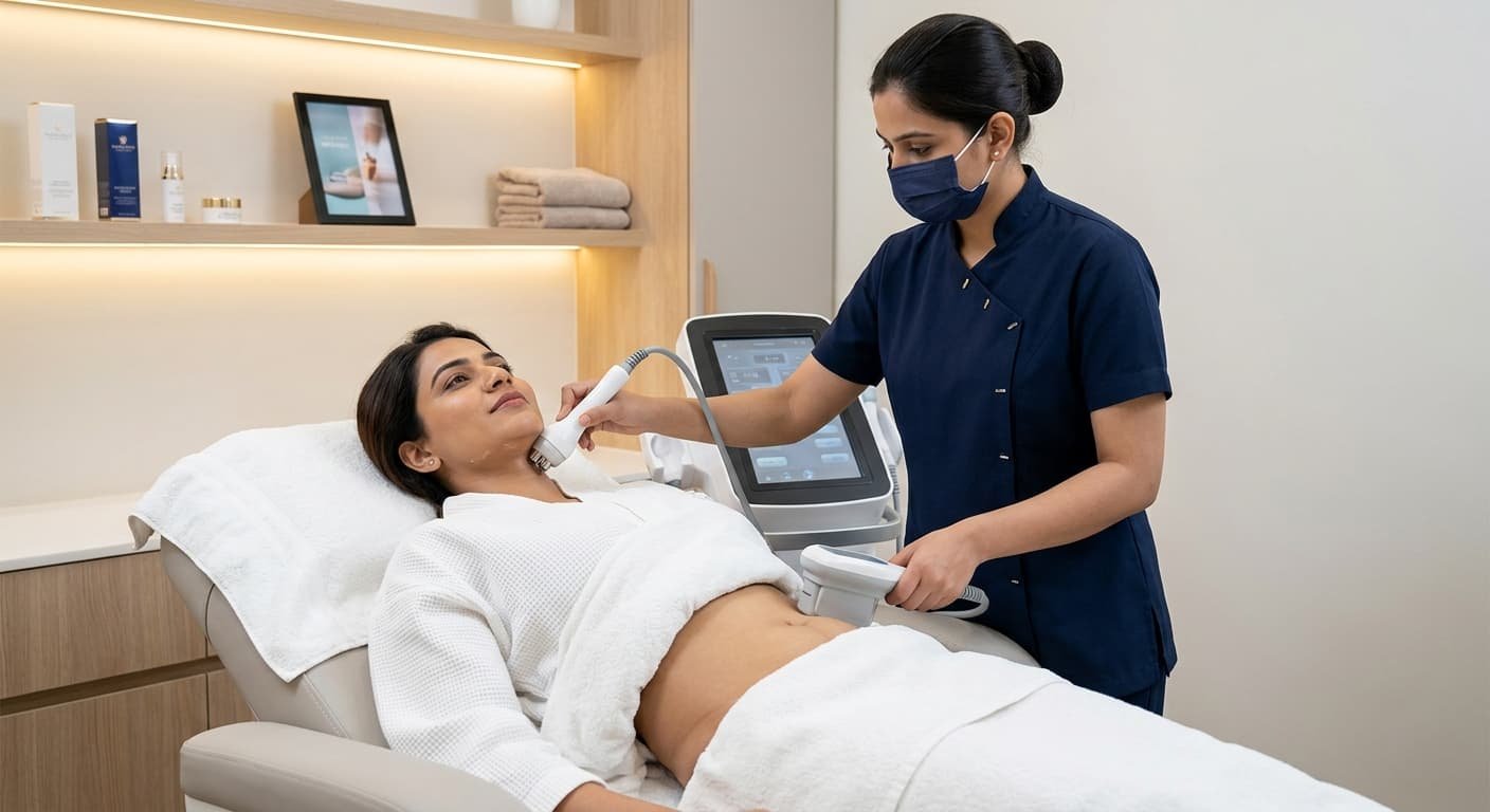 A medical aesthetic professional in a mask uses RF devices on a client's jawline and abdomen.