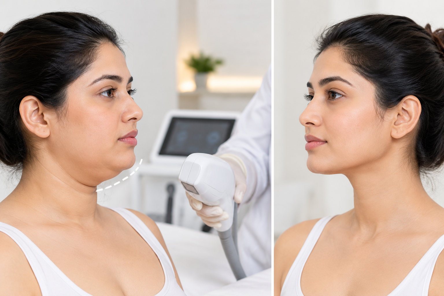 Double chin reduction and jawline tightening consultation using a non-surgical HIFU treatment in Indore.