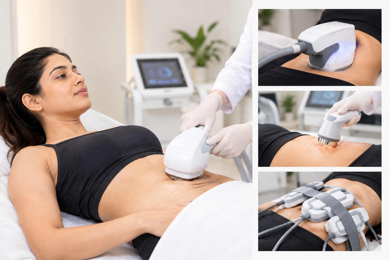Non-surgical belly fat reduction treatments, including cryolipolysis, ultrasound-based body contouring and EMS, at a modern aesthetic clinic.