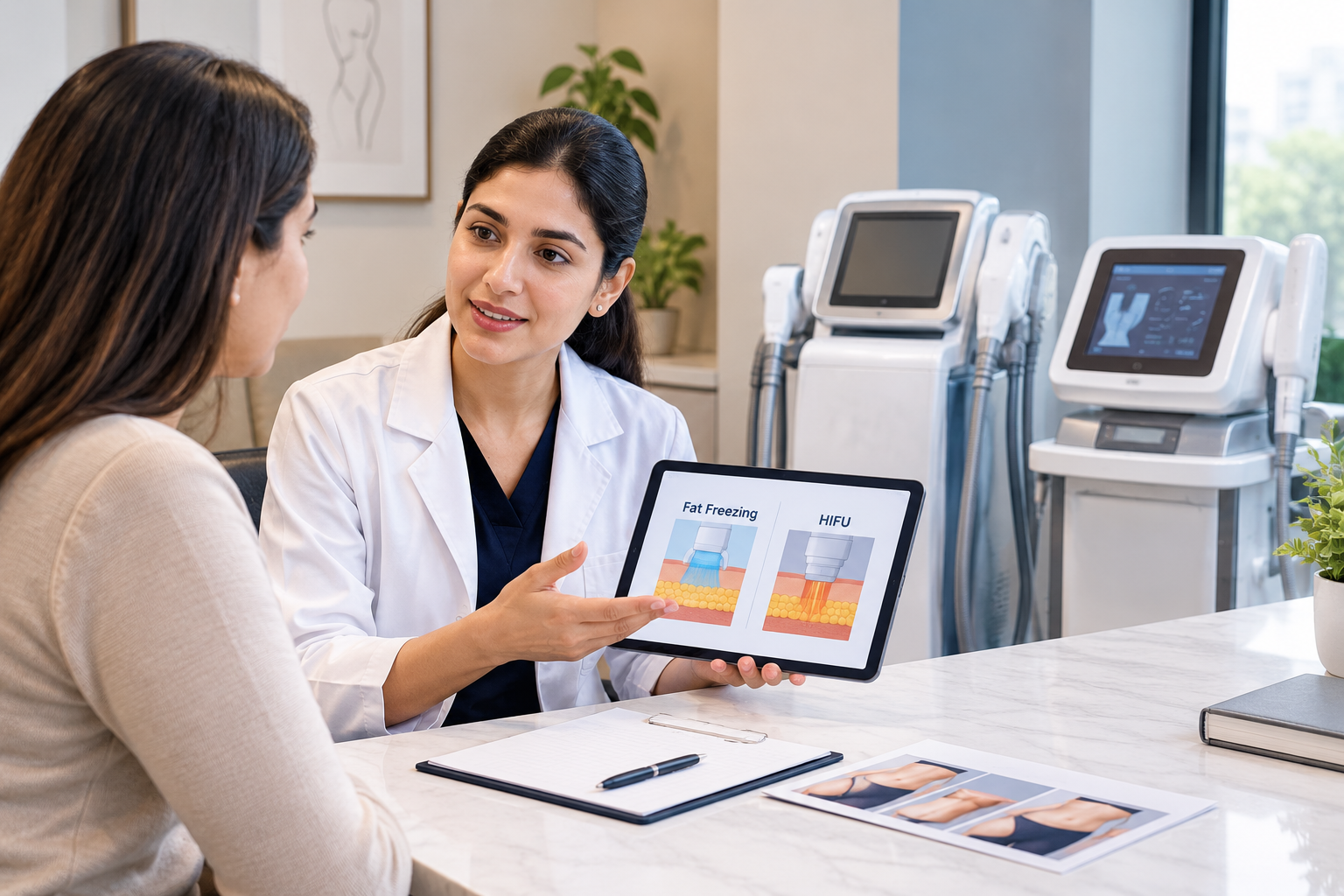 Fat freezing vs HIFU consultation at a modern body contouring clinic in Indore