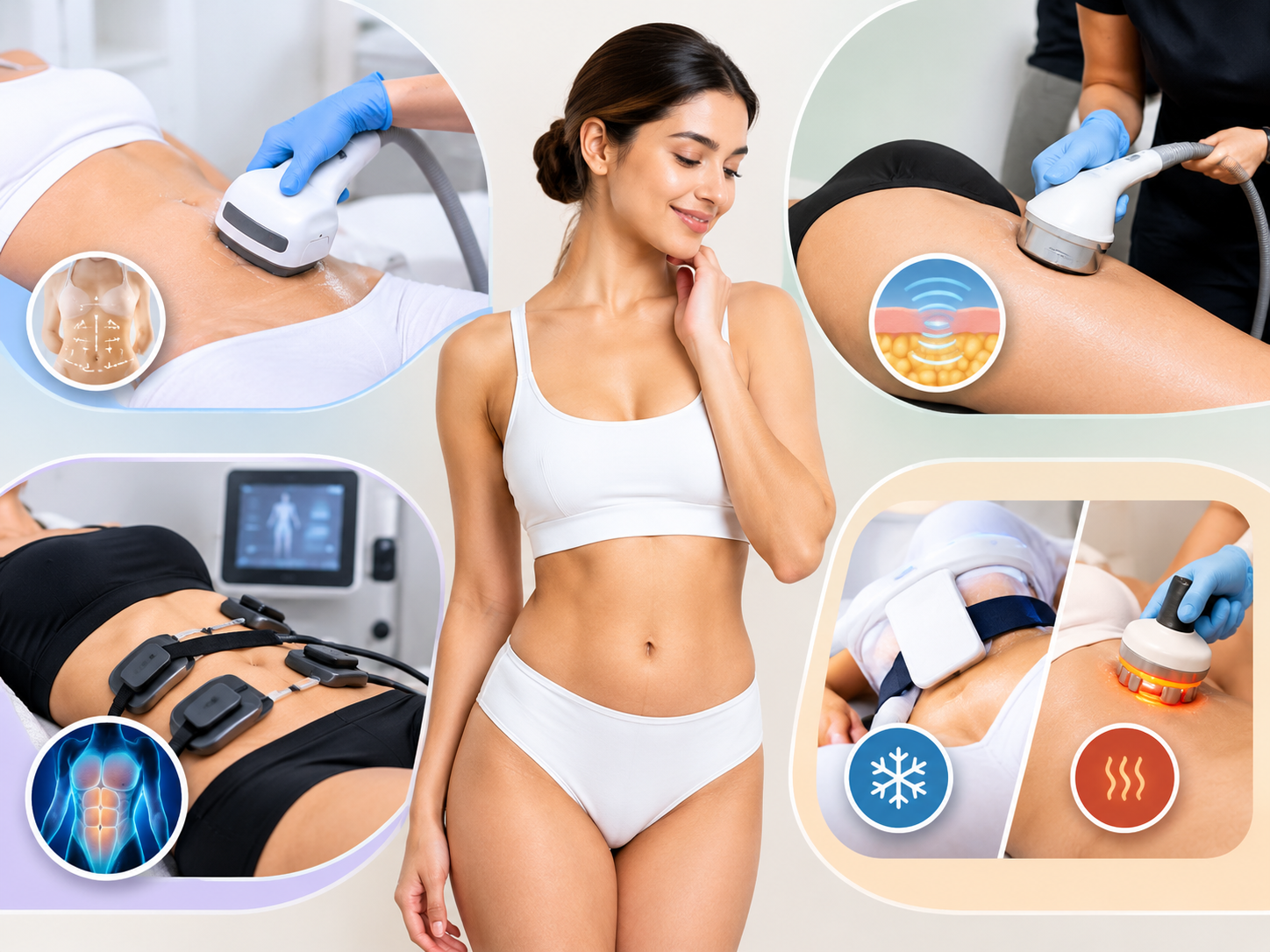 Non-surgical fat reduction treatments, including HIFU, ultrasound lipolysis, muscle stimulation, cryolipolysis, and RF skin tightening.