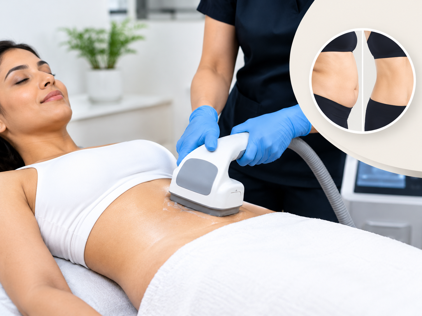 Non-surgical fat reduction treatment on the abdomen using a body contouring device at an aesthetic clinic.